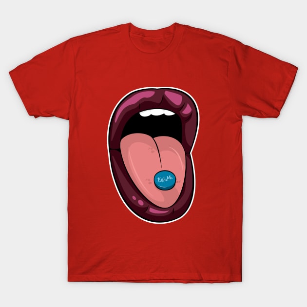 Purple Lipstick Eat Me Blue Pill T-Shirt by Hixon House